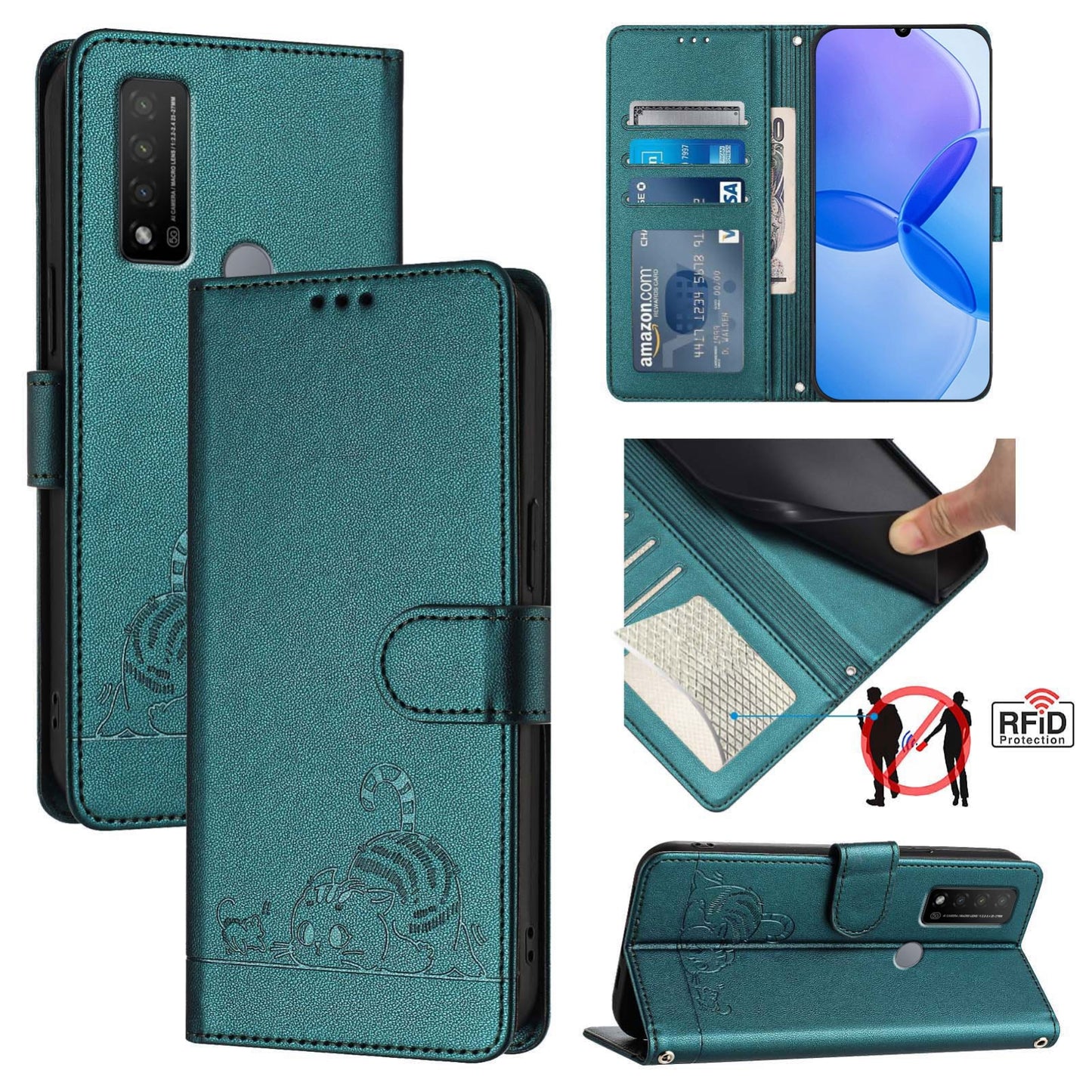 TCL 20 R Cat and Rat Embossed Pattern, RFID Leather Phone Case with Lanyard, Kickstand, and Wallet Features