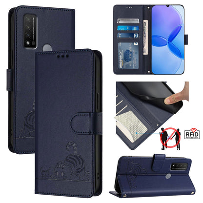 TCL 20 R Cat and Rat Embossed Pattern, RFID Leather Phone Case with Lanyard, Kickstand, and Wallet Features