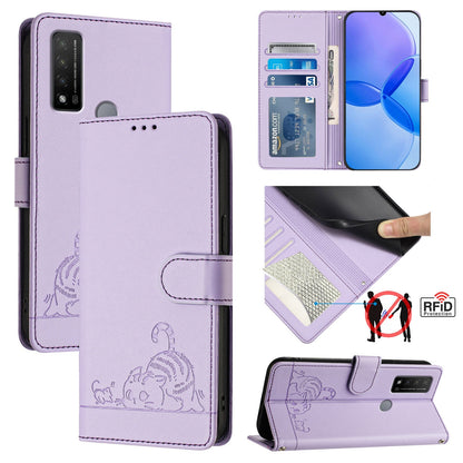 TCL 20 R Cat and Rat Embossed Pattern, RFID Leather Phone Case with Lanyard, Kickstand, and Wallet Features