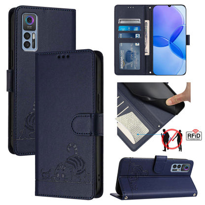 TCL 30 5G Cat and Rat Embossed Pattern, RFID Leather Phone Case with Lanyard, Kickstand, and Wallet Features