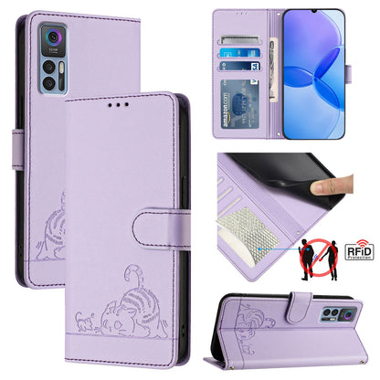 TCL 30+ Cat and Rat Embossed Pattern, RFID Leather Phone Case with Lanyard, Kickstand, and Wallet Features