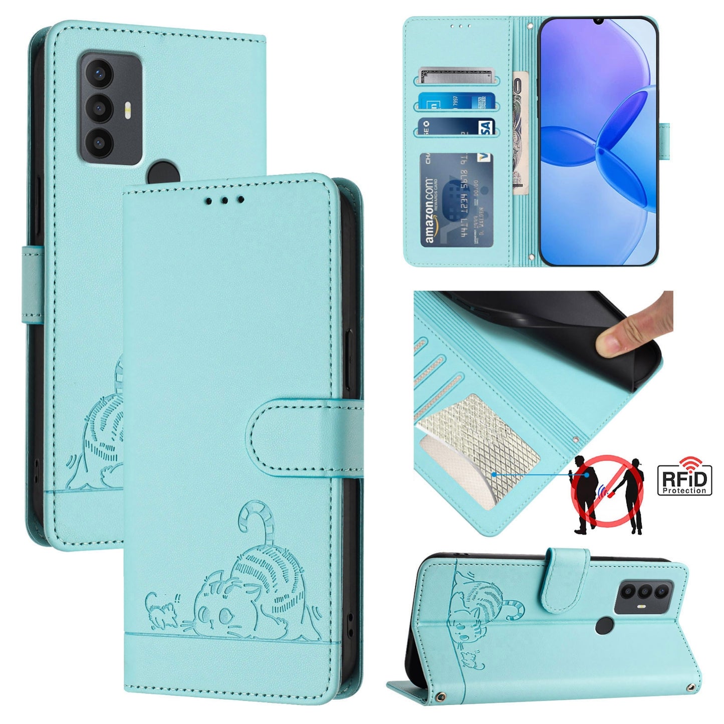 TCL 30 SE Cat and Rat Embossed Pattern, RFID Leather Phone Case with Lanyard, Kickstand, and Wallet Features