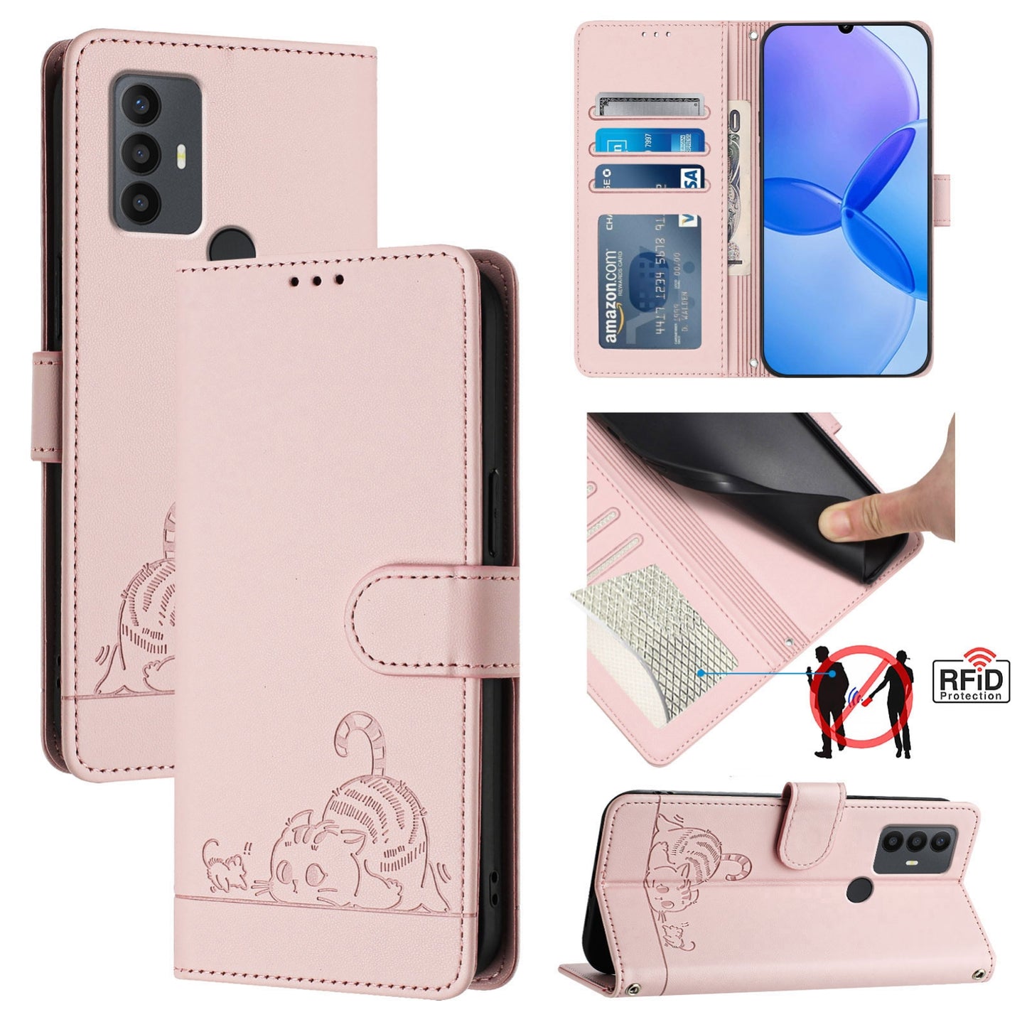 TCL 30 SE Cat and Rat Embossed Pattern, RFID Leather Phone Case with Lanyard, Kickstand, and Wallet Features