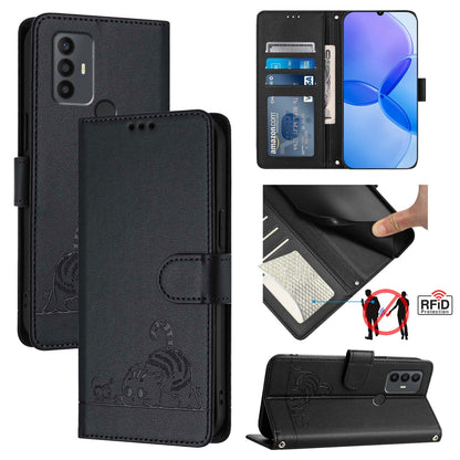 TCL 30 SE Cat and Rat Embossed Pattern, RFID Leather Phone Case with Lanyard, Kickstand, and Wallet Features