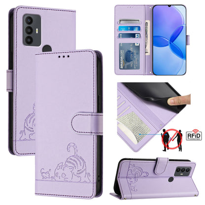 TCL 30 SE Cat and Rat Embossed Pattern, RFID Leather Phone Case with Lanyard, Kickstand, and Wallet Features