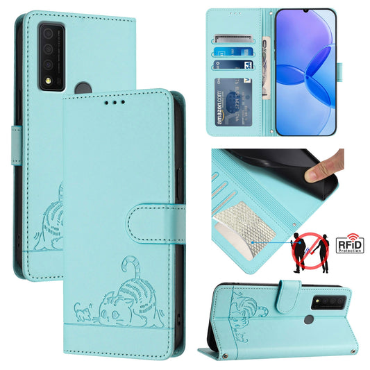 TCL 30 XE 5G Cat and Rat Embossed Pattern, RFID Leather Phone Case with Lanyard, Kickstand, and Wallet Features