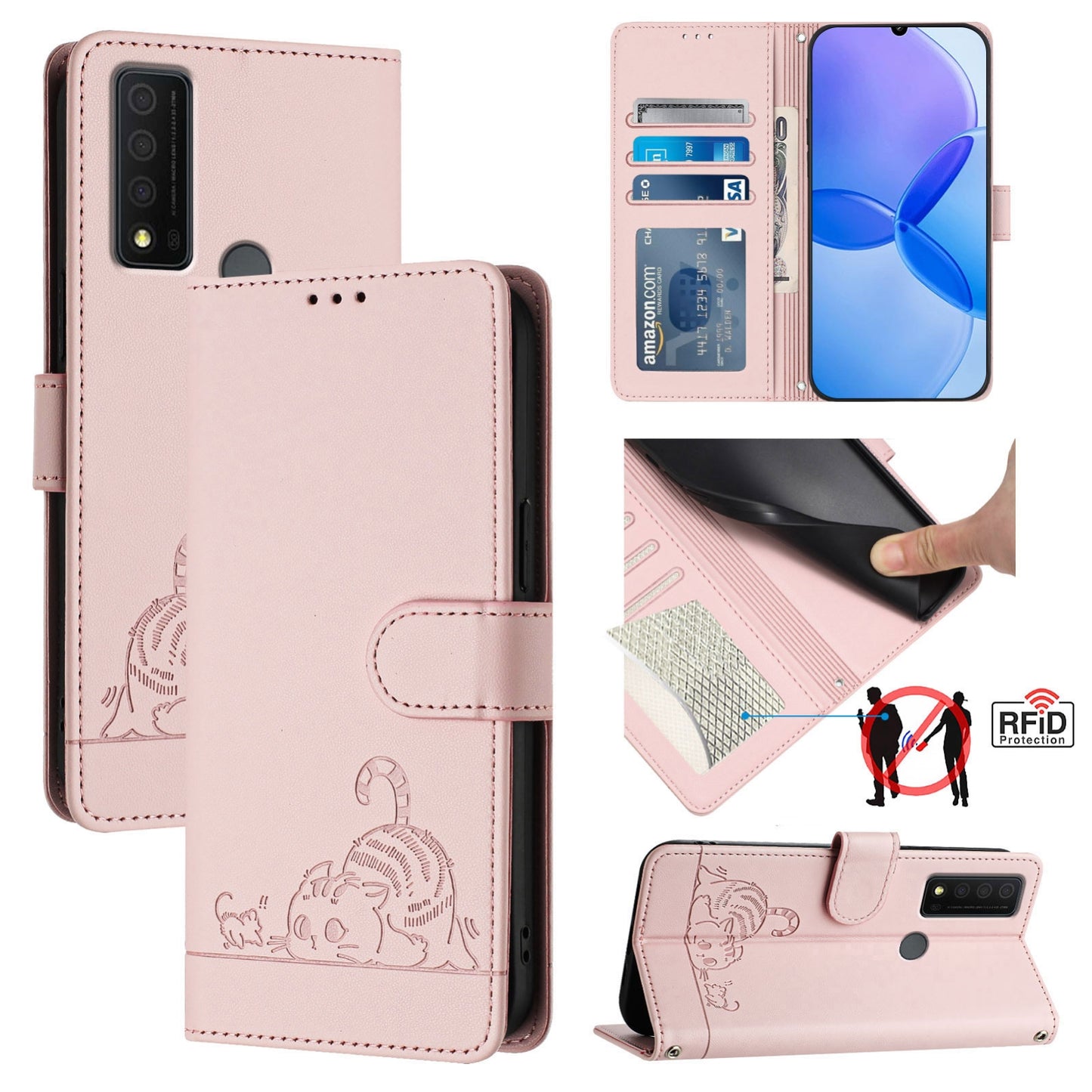 TCL 30 XE 5G Cat and Rat Embossed Pattern, RFID Leather Phone Case with Lanyard, Kickstand, and Wallet Features