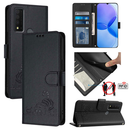 TCL 30 XE 5G Cat and Rat Embossed Pattern, RFID Leather Phone Case with Lanyard, Kickstand, and Wallet Features