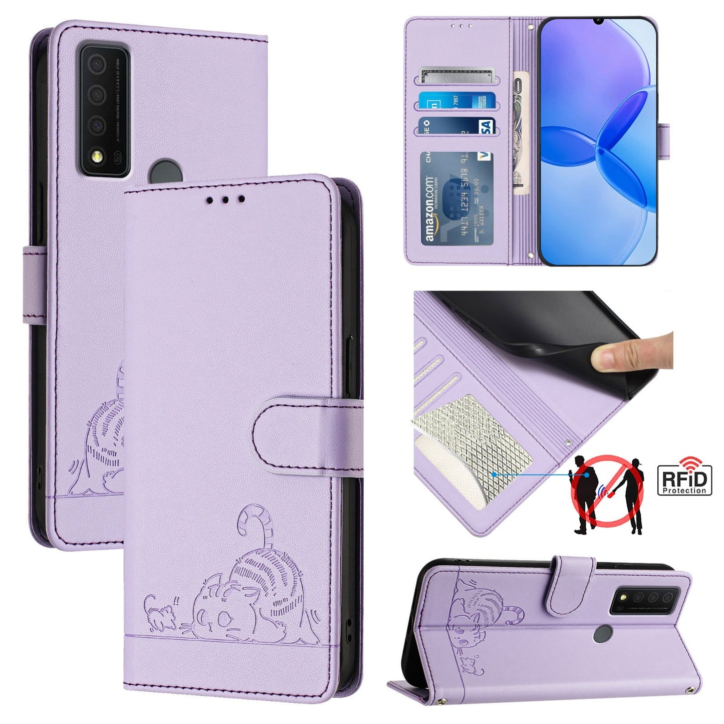 TCL 30 XE 5G Cat and Rat Embossed Pattern, RFID Leather Phone Case with Lanyard, Kickstand, and Wallet Features