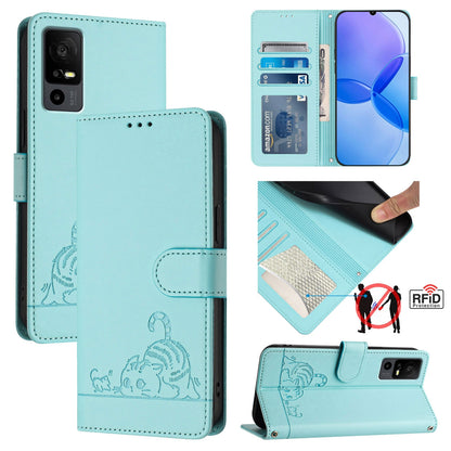 TCL 40 R Cat and Rat Embossed Pattern, RFID Leather Phone Case with Lanyard, Kickstand, and Wallet Features