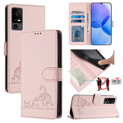 TCL 40 R Cat and Rat Embossed Pattern, RFID Leather Phone Case with Lanyard, Kickstand, and Wallet Features