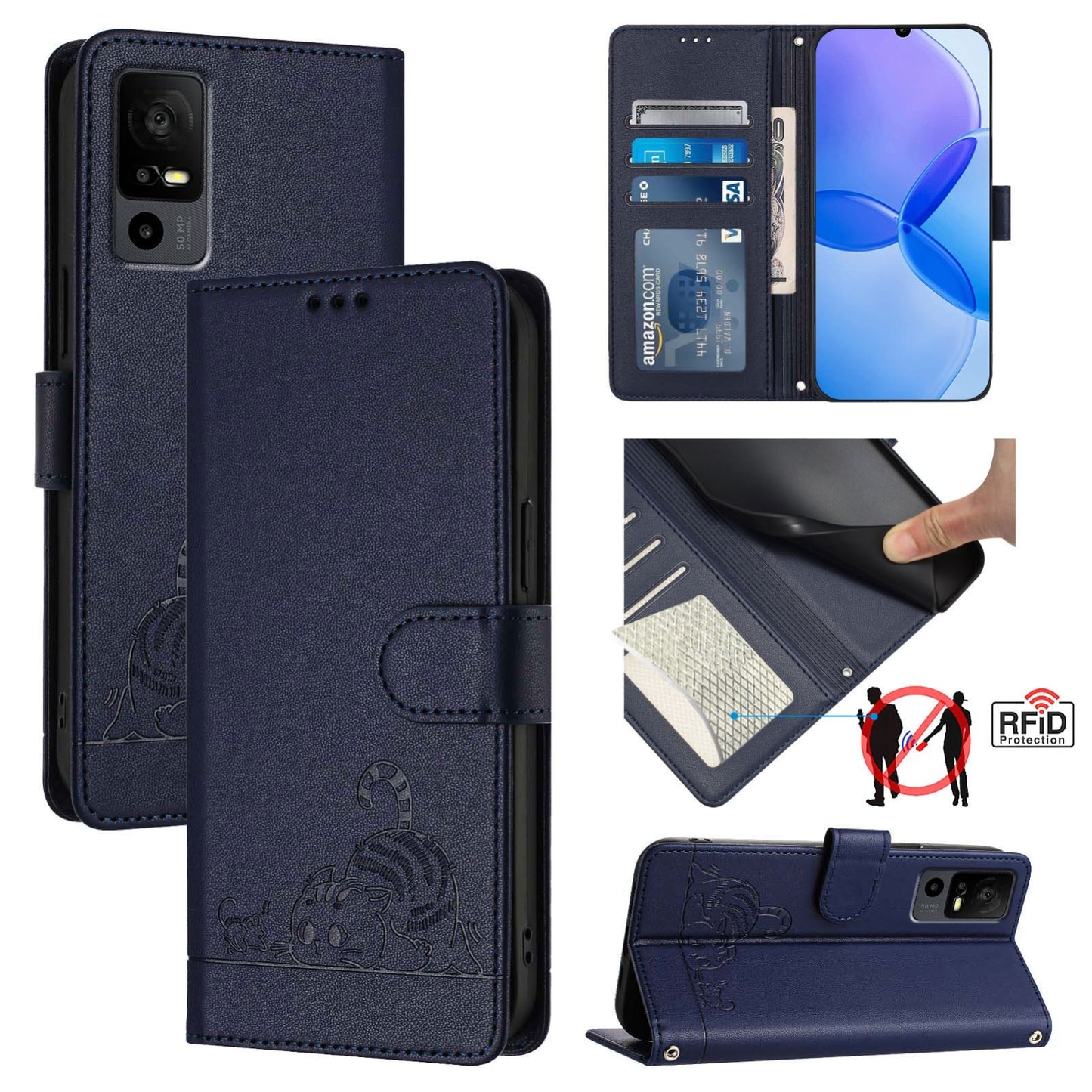 TCL 40 R Cat and Rat Embossed Pattern, RFID Leather Phone Case with Lanyard, Kickstand, and Wallet Features