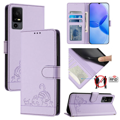 TCL 40 R Cat and Rat Embossed Pattern, RFID Leather Phone Case with Lanyard, Kickstand, and Wallet Features