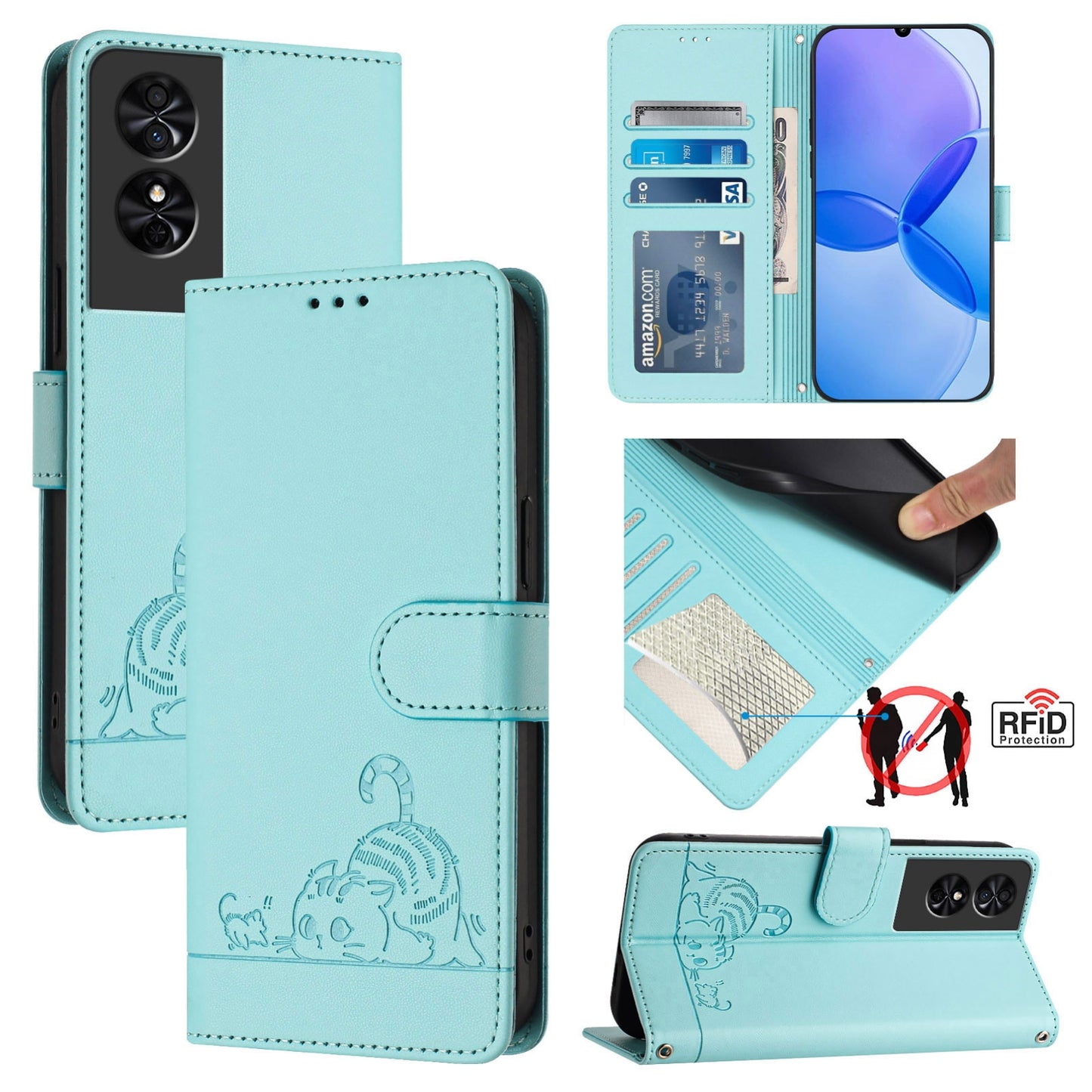 TCL 50 SE Cat and Rat Embossed Pattern, RFID Leather Phone Case with Lanyard, Kickstand, and Wallet Features