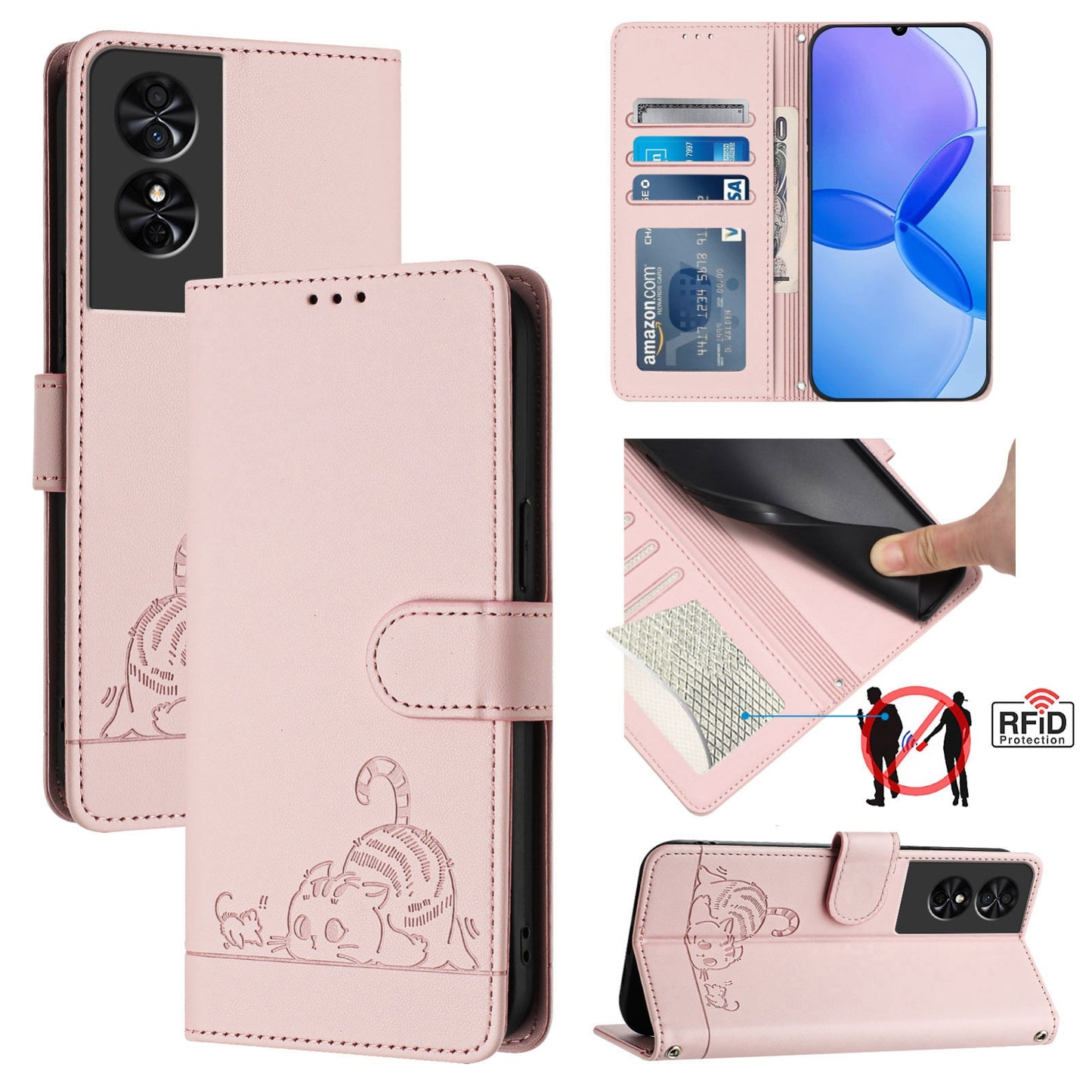 TCL 50 SE Cat and Rat Embossed Pattern, RFID Leather Phone Case with Lanyard, Kickstand, and Wallet Features