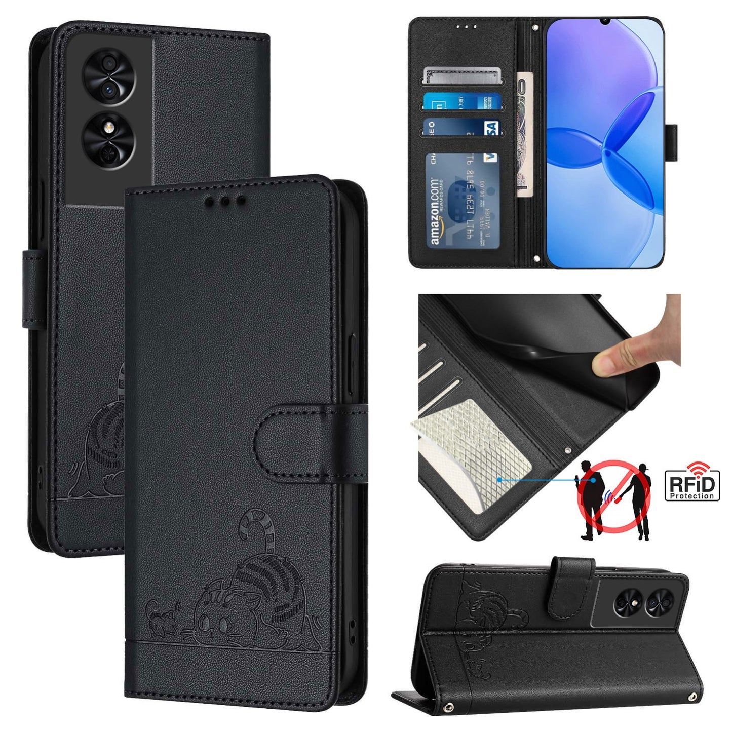 TCL 50 SE Cat and Rat Embossed Pattern, RFID Leather Phone Case with Lanyard, Kickstand, and Wallet Features