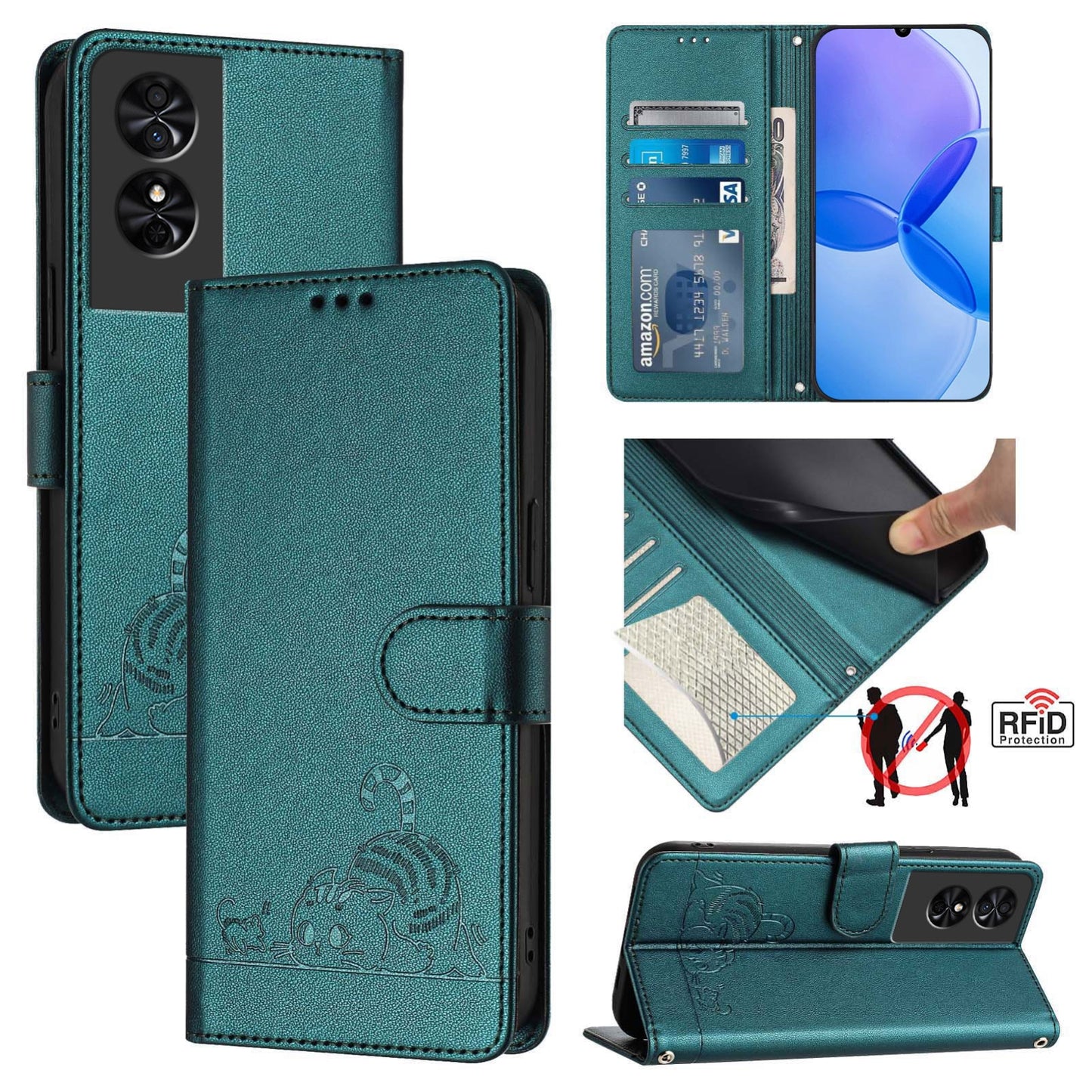 TCL 50 SE Cat and Rat Embossed Pattern, RFID Leather Phone Case with Lanyard, Kickstand, and Wallet Features