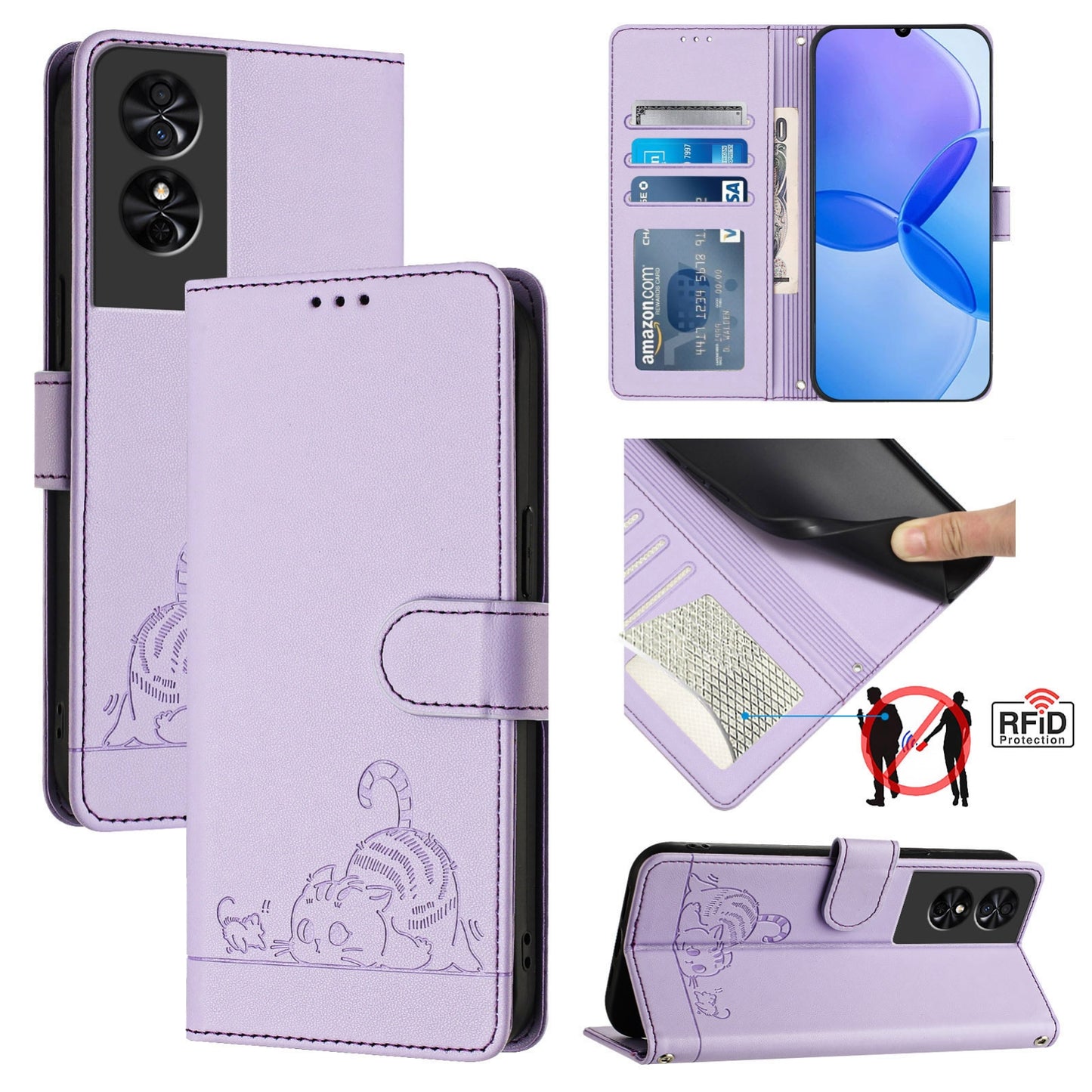 TCL 50 SE Cat and Rat Embossed Pattern, RFID Leather Phone Case with Lanyard, Kickstand, and Wallet Features