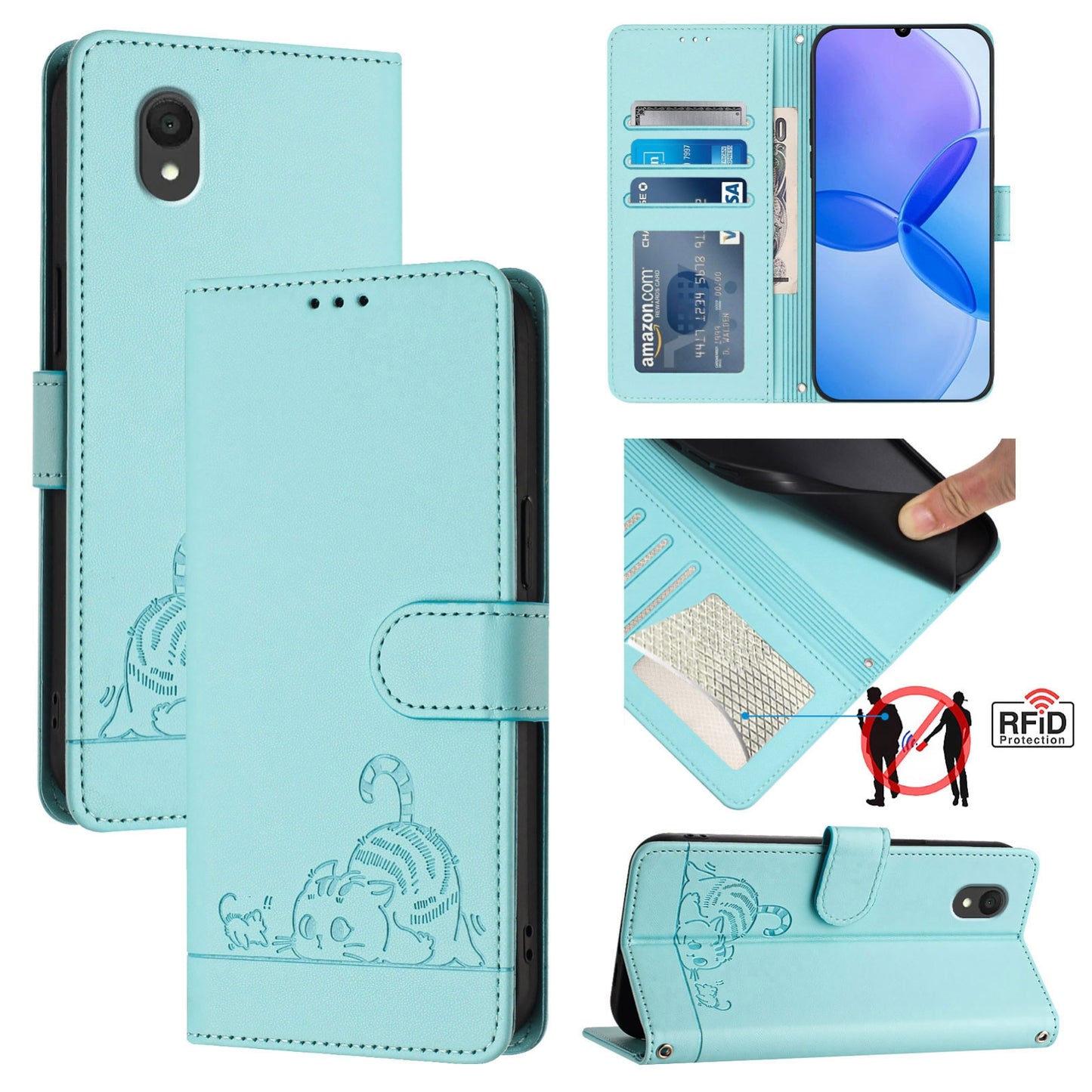 TCL 201 Cat and Rat Embossed Pattern, RFID Leather Phone Case with Lanyard, Kickstand, and Wallet Features