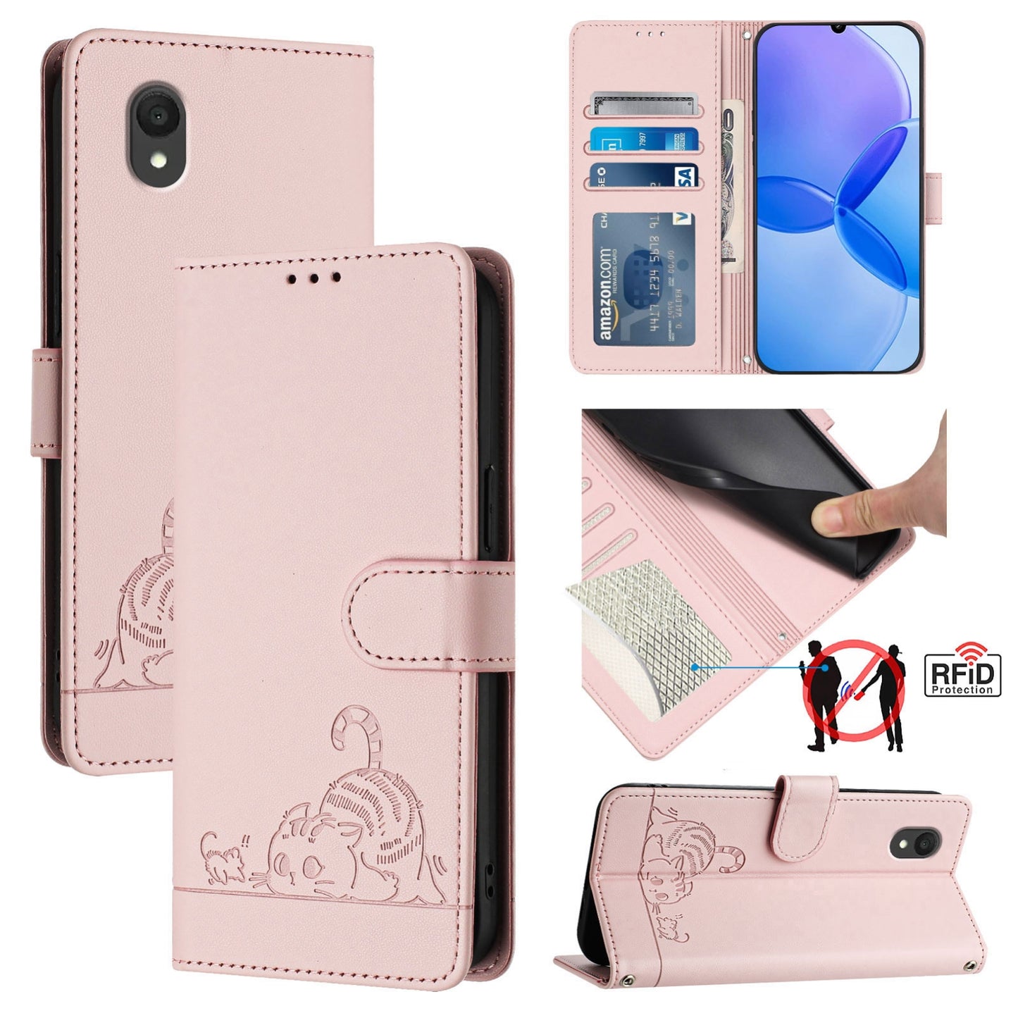 TCL 201 Cat and Rat Embossed Pattern, RFID Leather Phone Case with Lanyard, Kickstand, and Wallet Features