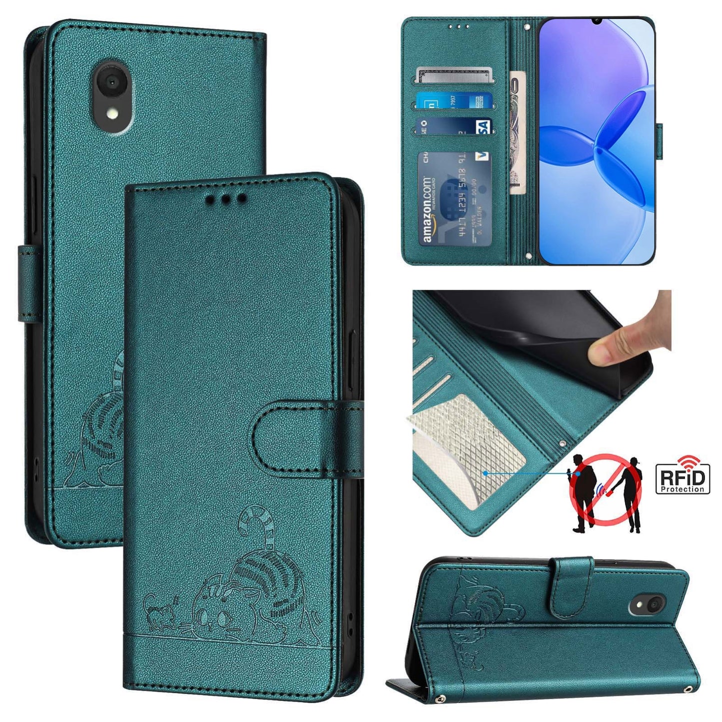 TCL 201 Cat and Rat Embossed Pattern, RFID Leather Phone Case with Lanyard, Kickstand, and Wallet Features