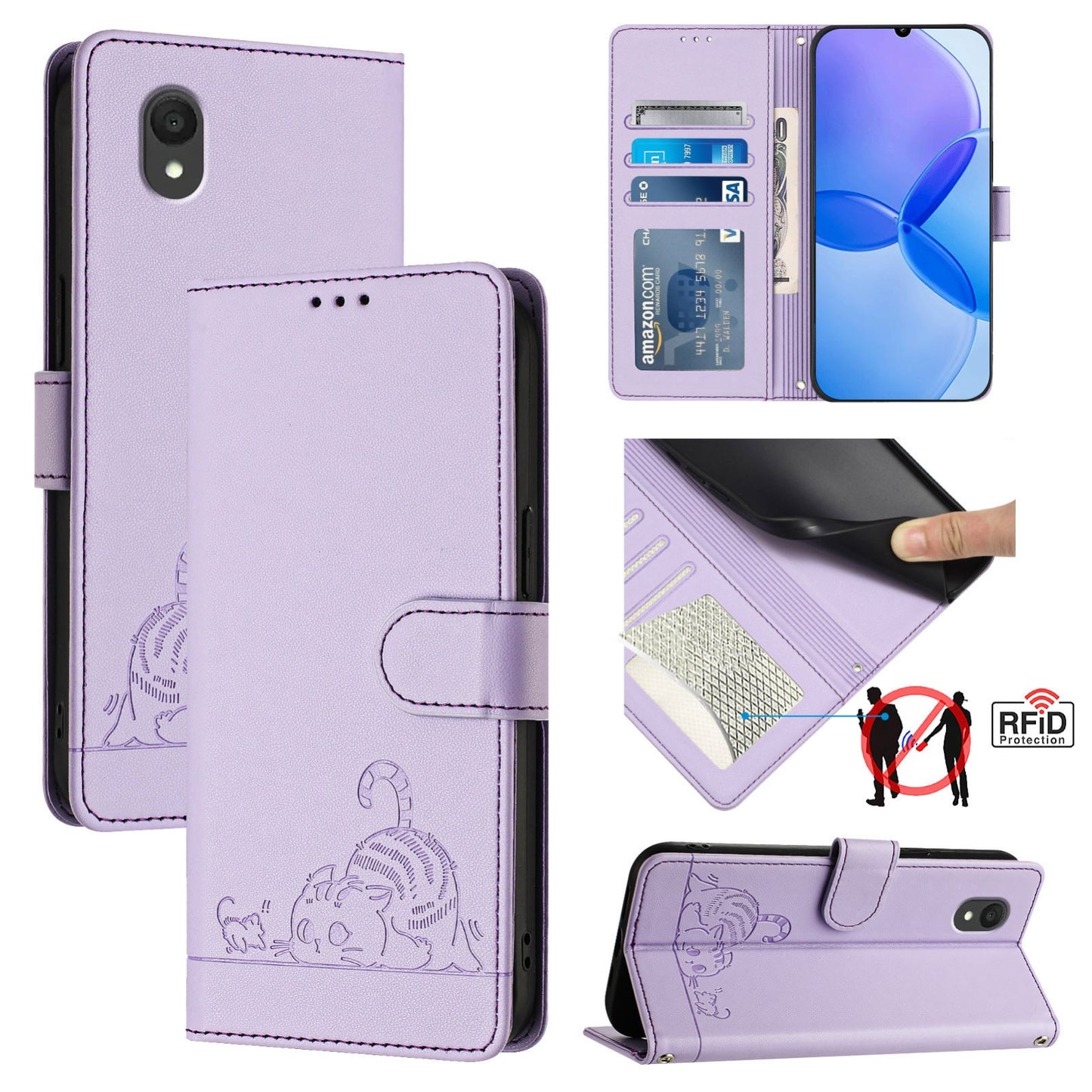 TCL 201 Cat and Rat Embossed Pattern, RFID Leather Phone Case with Lanyard, Kickstand, and Wallet Features