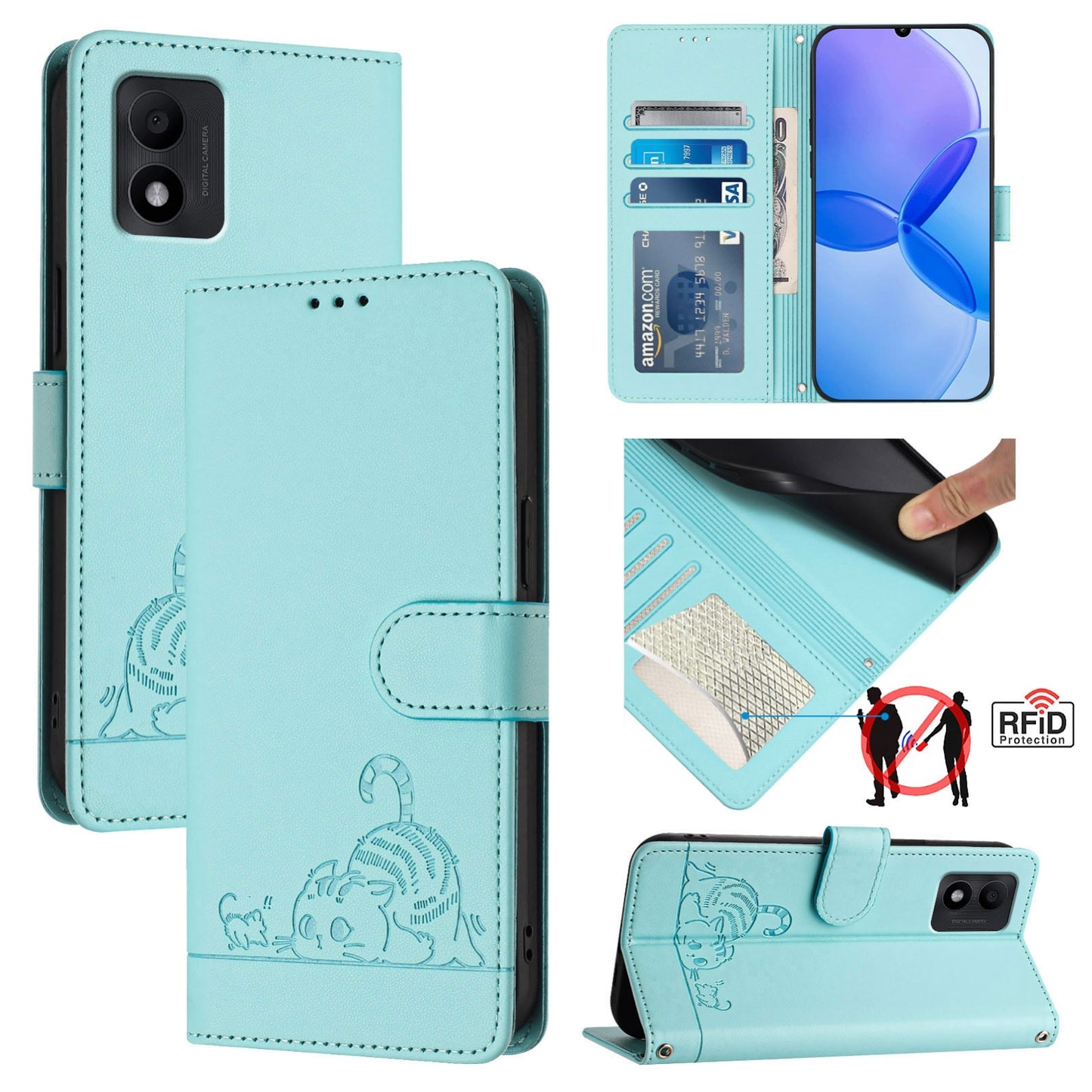 TCL 303 Cat and Rat Embossed Pattern, RFID Leather Phone Case with Lanyard, Kickstand, and Wallet Features