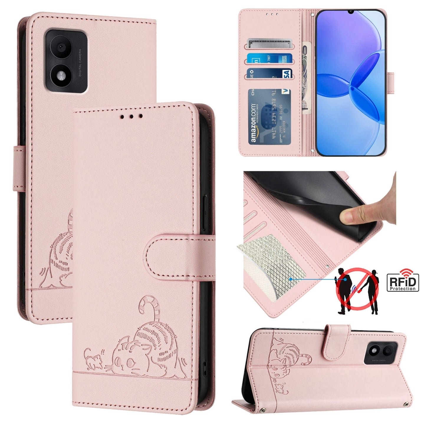 TCL 303 Cat and Rat Embossed Pattern, RFID Leather Phone Case with Lanyard, Kickstand, and Wallet Features