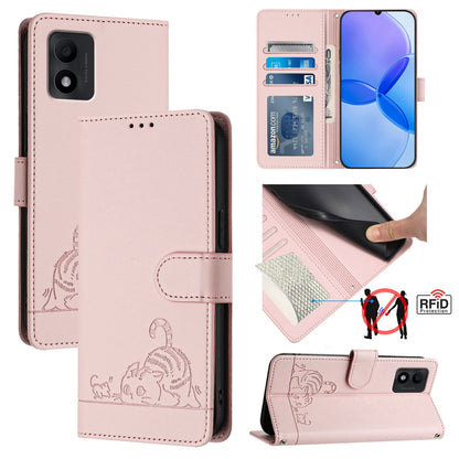 TCL 303 Cat and Rat Embossed Pattern, RFID Leather Phone Case with Lanyard, Kickstand, and Wallet Features