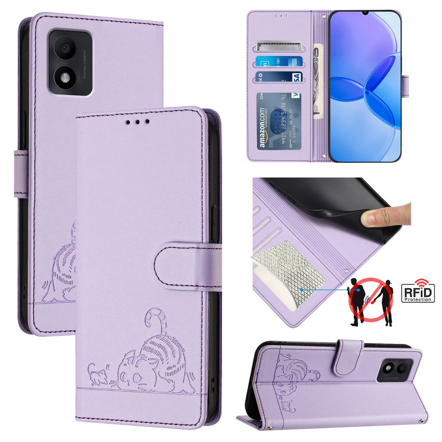 TCL 303 Cat and Rat Embossed Pattern, RFID Leather Phone Case with Lanyard, Kickstand, and Wallet Features