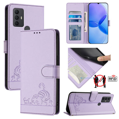 TCL 305 Cat and Rat Embossed Pattern, RFID Leather Phone Case with Lanyard, Kickstand, and Wallet Features