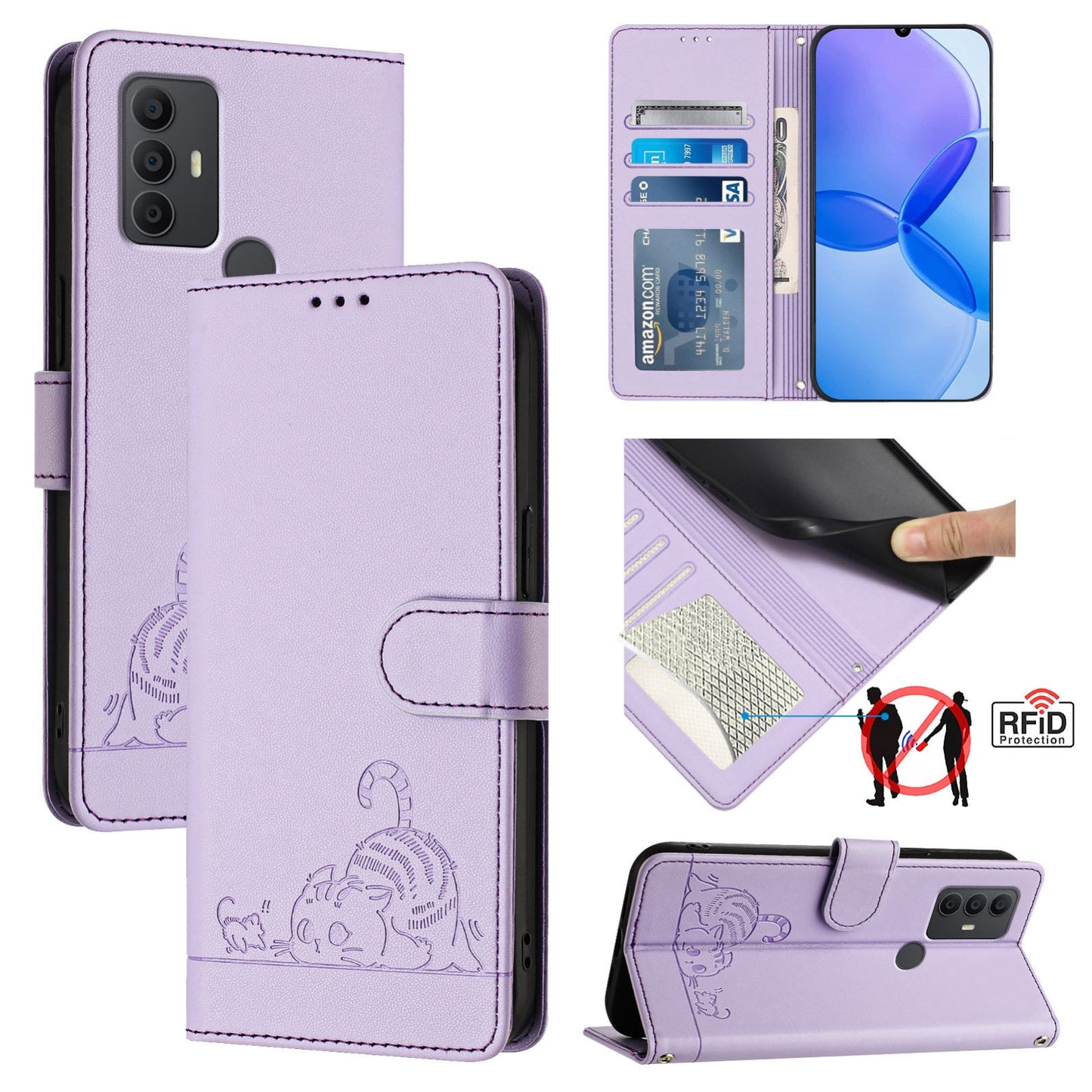 TCL 306 Cat and Rat Embossed Pattern, RFID Leather Phone Case with Lanyard, Kickstand, and Wallet Features