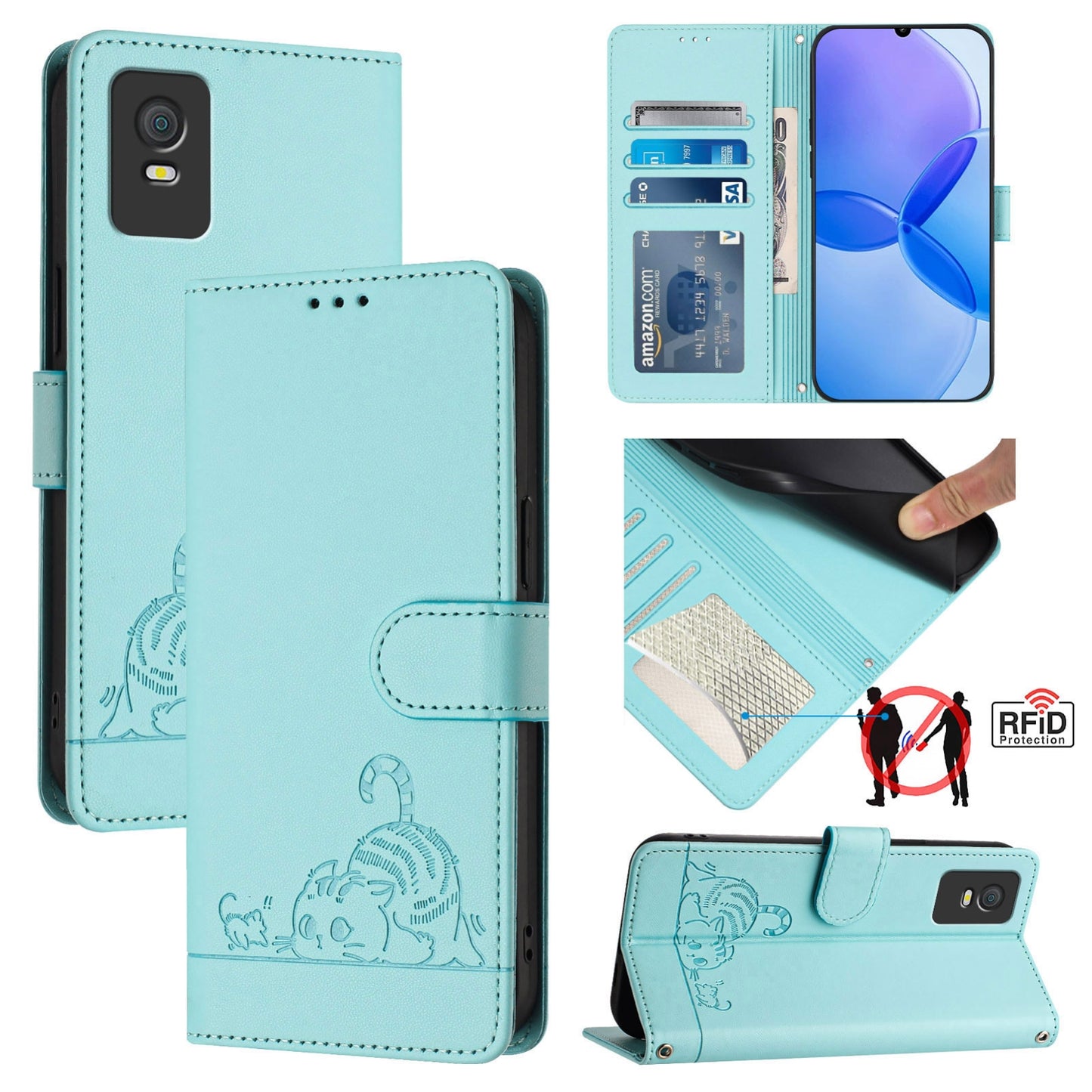 TCL 403 Cat and Rat Embossed Pattern, RFID Leather Phone Case with Lanyard, Kickstand, and Wallet Features