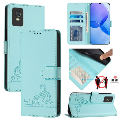 TCL 403 Cat and Rat Embossed Pattern, RFID Leather Phone Case with Lanyard, Kickstand, and Wallet Features