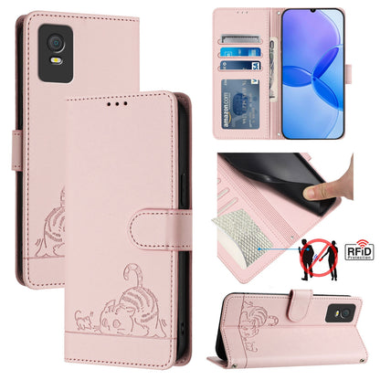 TCL 403 Cat and Rat Embossed Pattern, RFID Leather Phone Case with Lanyard, Kickstand, and Wallet Features