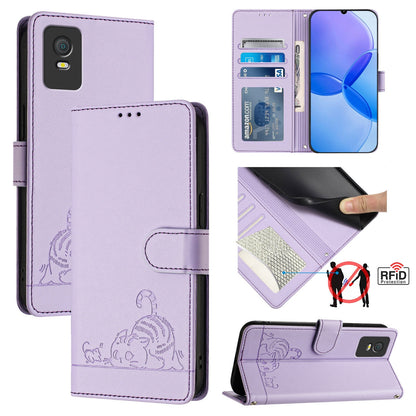 TCL 403 Cat and Rat Embossed Pattern, RFID Leather Phone Case with Lanyard, Kickstand, and Wallet Features