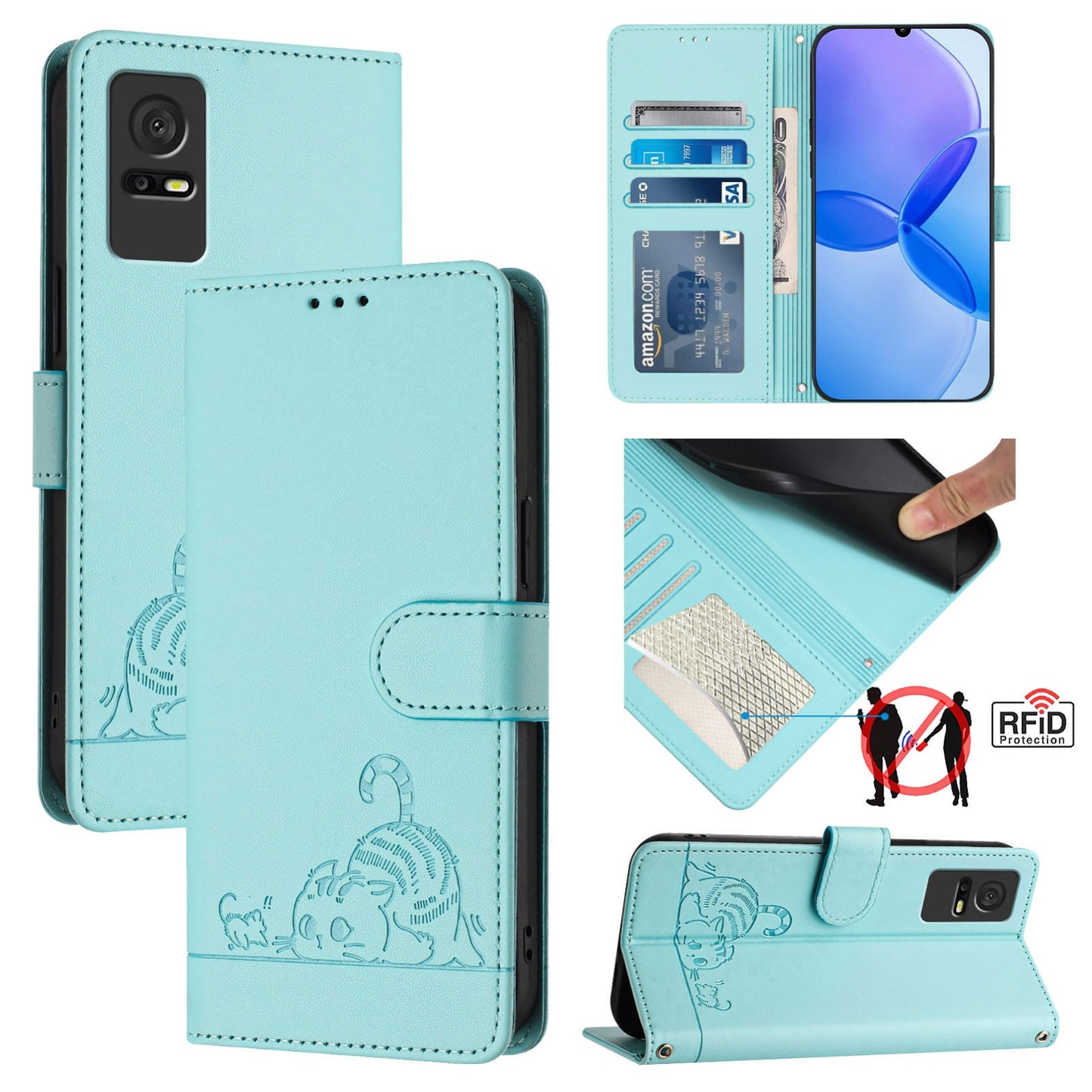 TCL 405 Cat and Rat Embossed Pattern, RFID Leather Phone Case with Lanyard, Kickstand, and Wallet Features