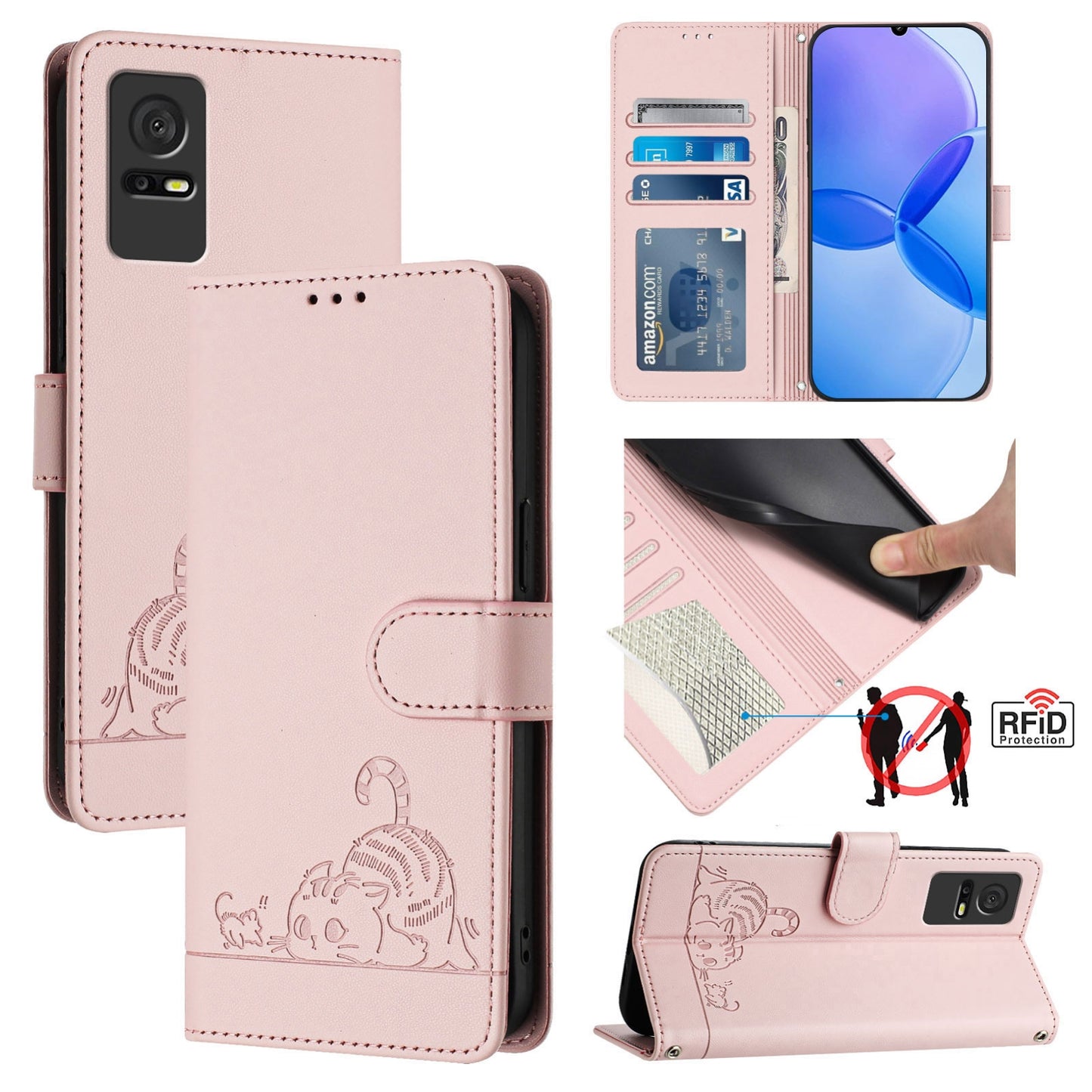 TCL 405 Cat and Rat Embossed Pattern, RFID Leather Phone Case with Lanyard, Kickstand, and Wallet Features