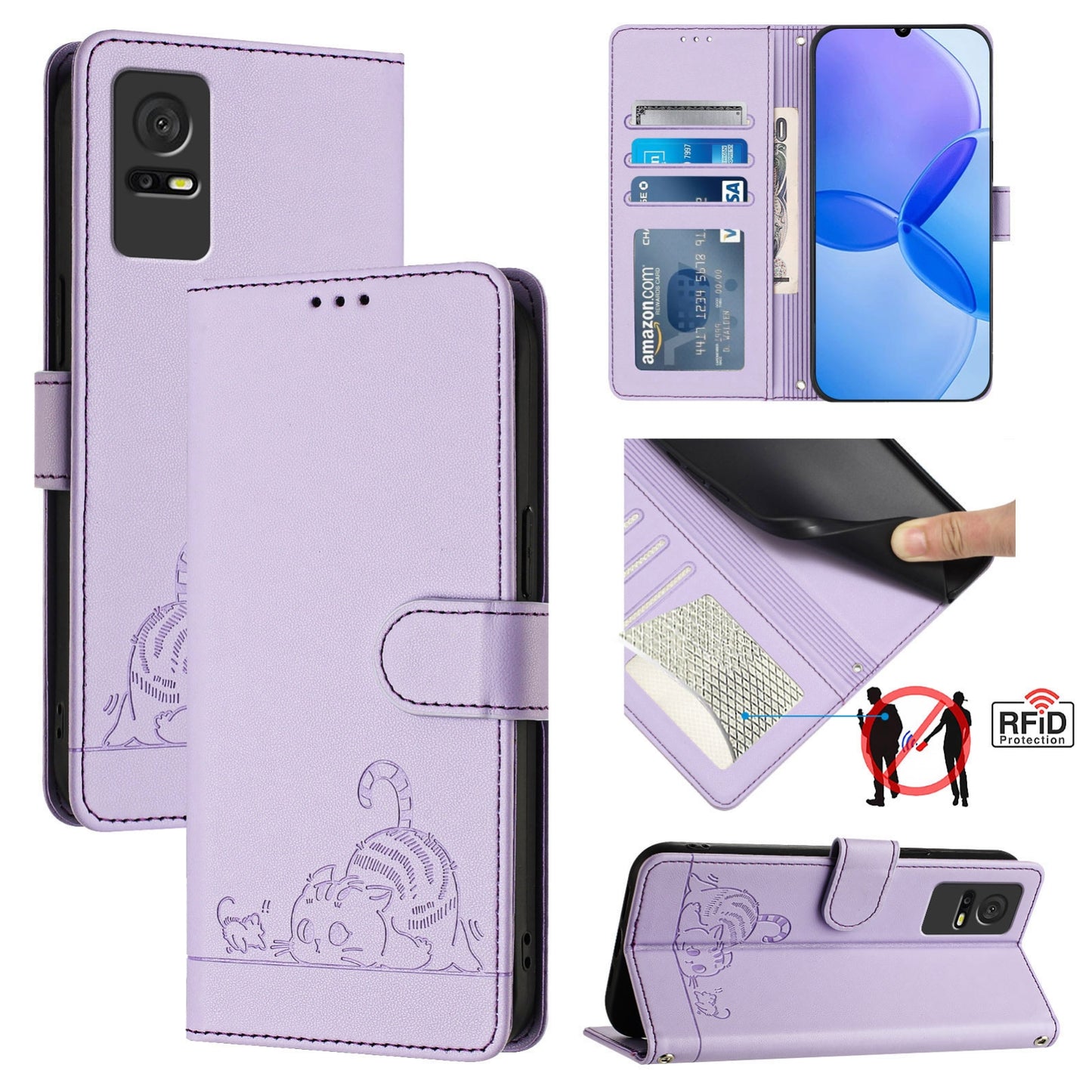 TCL 405 Cat and Rat Embossed Pattern, RFID Leather Phone Case with Lanyard, Kickstand, and Wallet Features