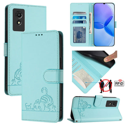 TCL 501 Cat and Rat Embossed Pattern, RFID Leather Phone Case with Lanyard, Kickstand, and Wallet Features