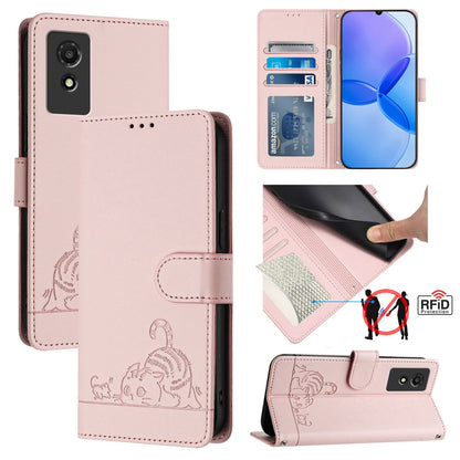 TCL 501 Cat and Rat Embossed Pattern, RFID Leather Phone Case with Lanyard, Kickstand, and Wallet Features