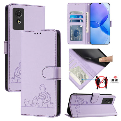 TCL 501 Cat and Rat Embossed Pattern, RFID Leather Phone Case with Lanyard, Kickstand, and Wallet Features