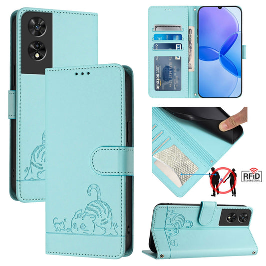 TCL 505 Cat and Rat Embossed Pattern, RFID Leather Phone Case with Lanyard, Kickstand, and Wallet Features