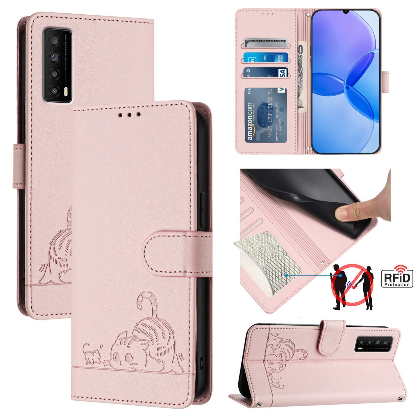 TCL Stylus 5G Cat and Rat Embossed Pattern, RFID Leather Phone Case with Lanyard, Kickstand, and Wallet Features