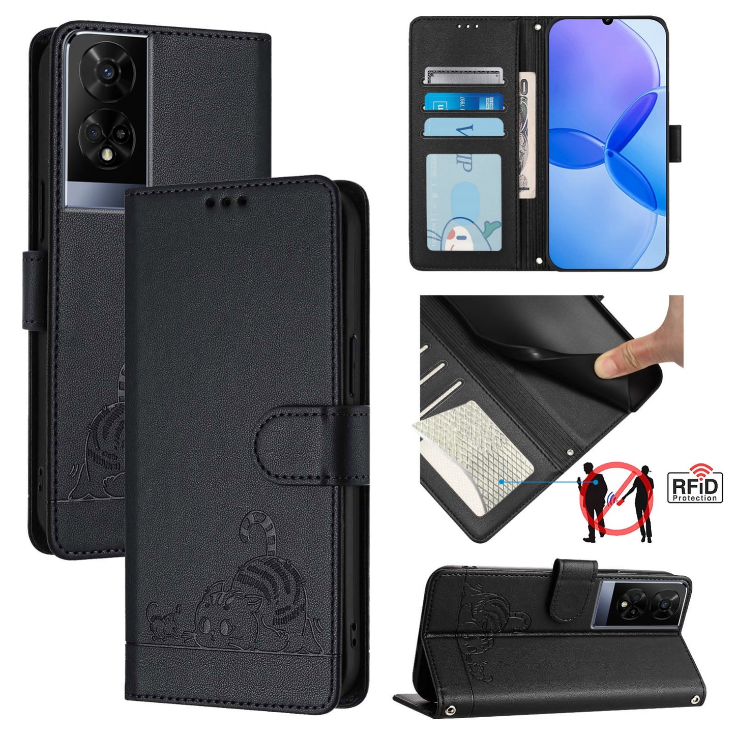 TCL 50 XE Cat and Rat Embossed Pattern, RFID Leather Phone Case with Lanyard, Kickstand, and Wallet Features