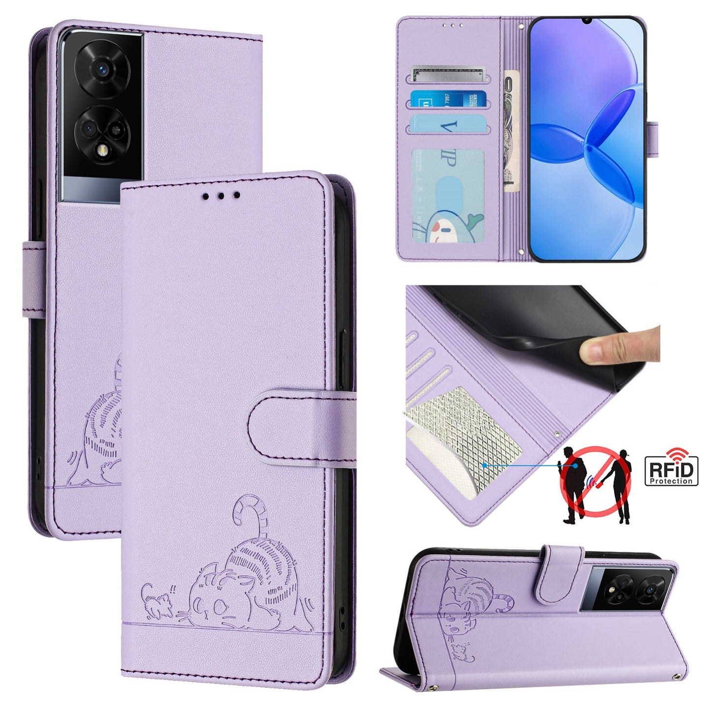 TCL 50 XE Cat and Rat Embossed Pattern, RFID Leather Phone Case with Lanyard, Kickstand, and Wallet Features