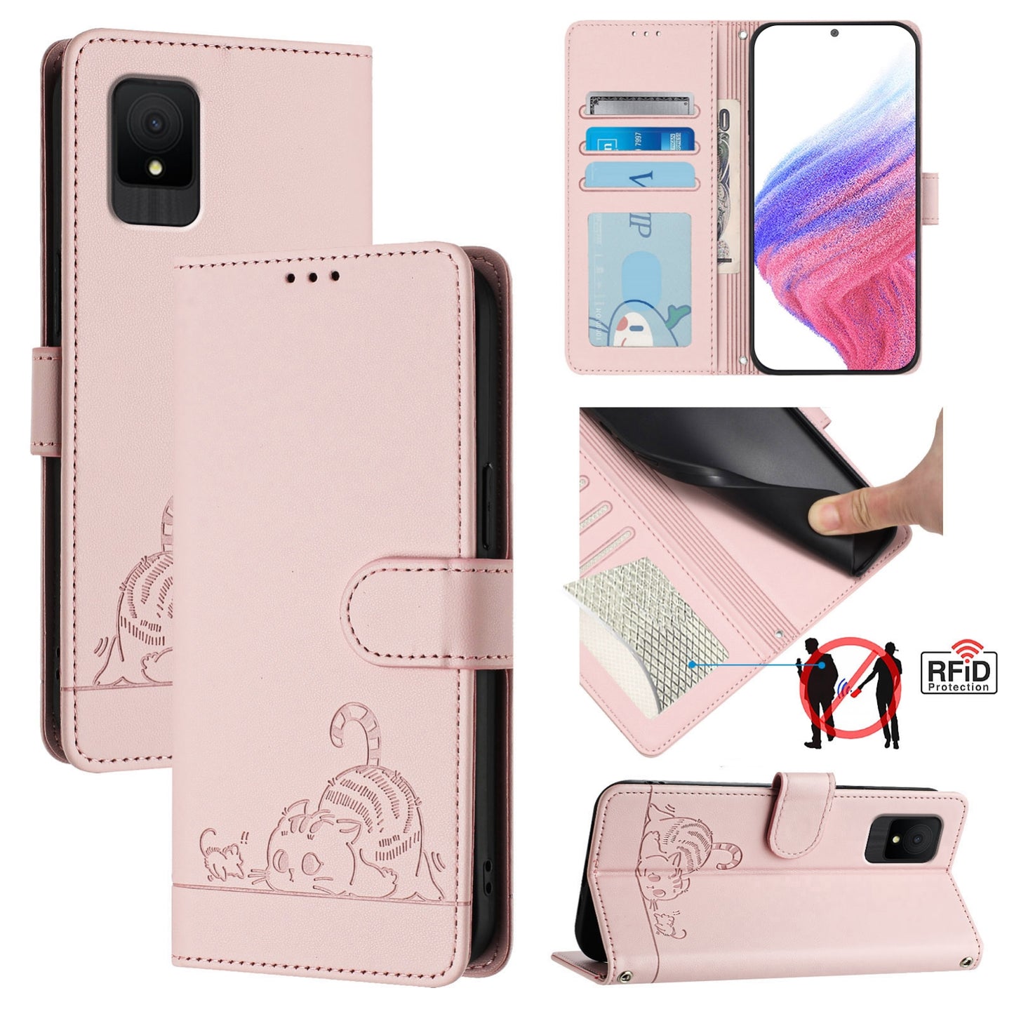 TCL 502 Cat and Rat Embossed Pattern, RFID Leather Phone Case with Lanyard, Kickstand, and Wallet Features