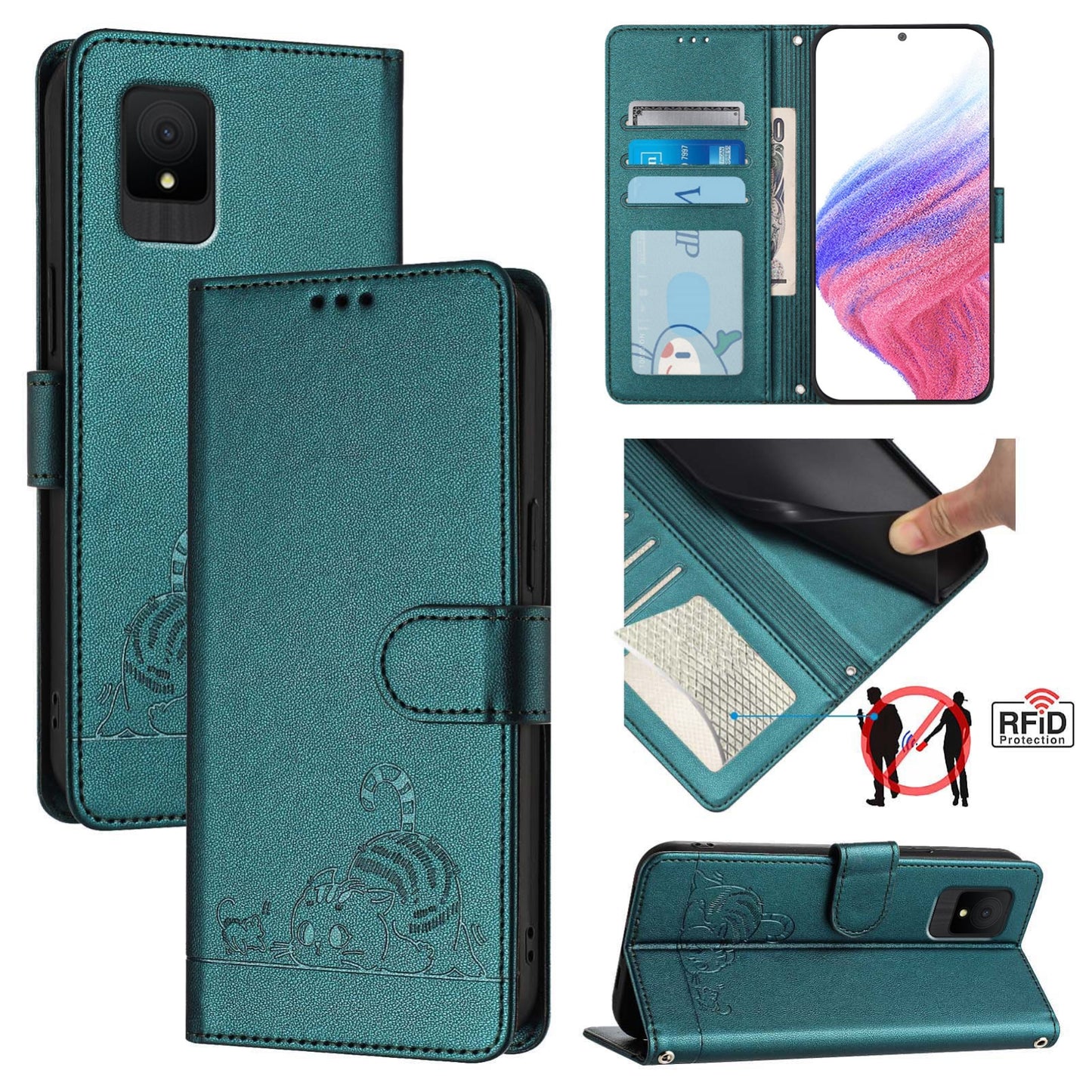 TCL 502 Cat and Rat Embossed Pattern, RFID Leather Phone Case with Lanyard, Kickstand, and Wallet Features