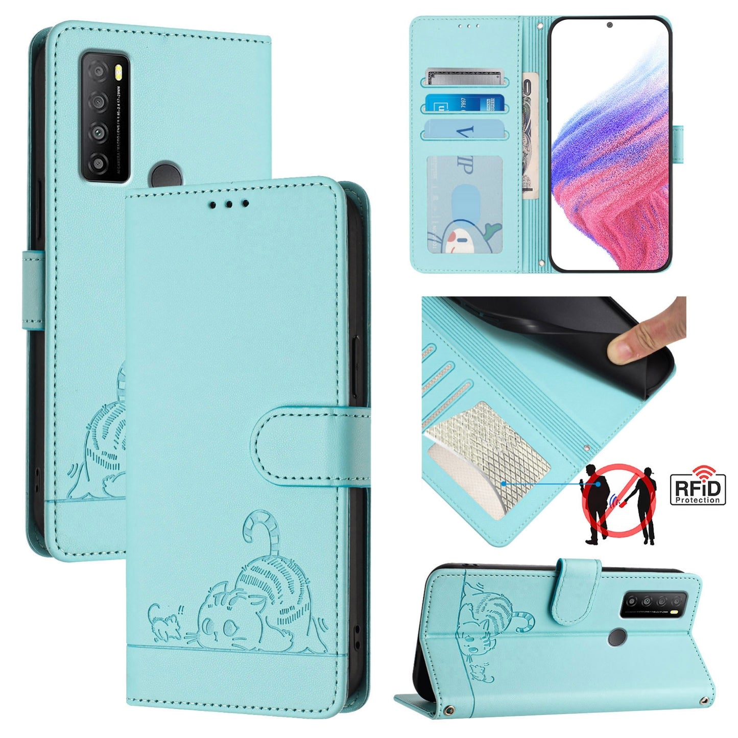 TCL 30 XL T701DL Cat and Rat Embossed Pattern, RFID Leather Phone Case with Lanyard, Kickstand, and Wallet Features