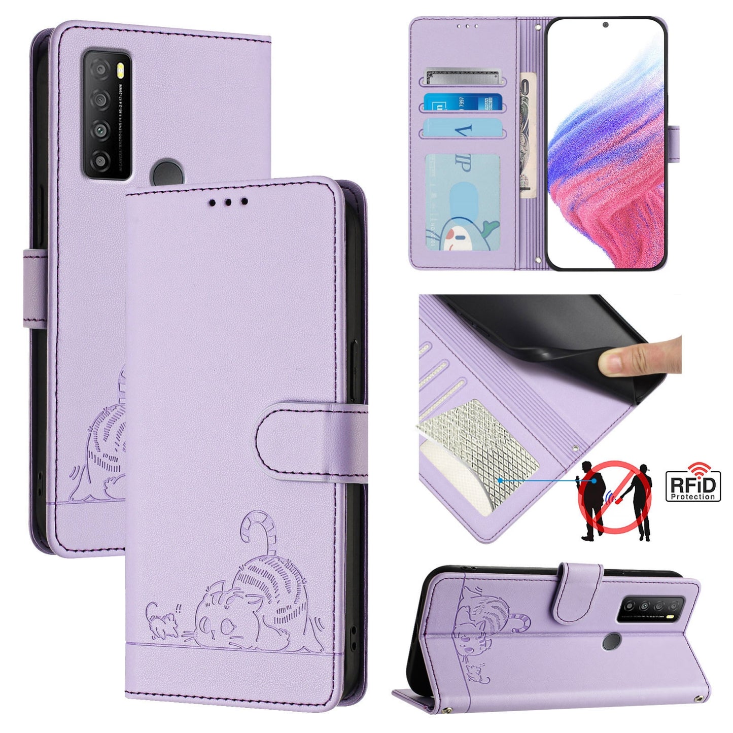 TCL 30 XL T701DL Cat and Rat Embossed Pattern, RFID Leather Phone Case with Lanyard, Kickstand, and Wallet Features